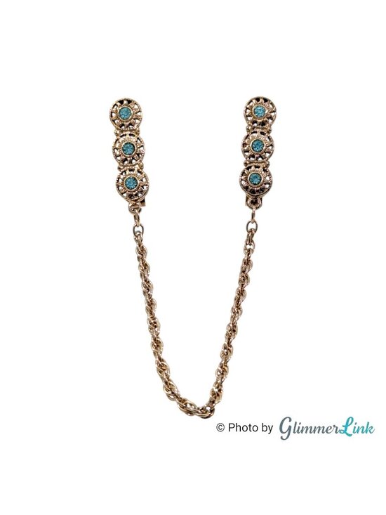 Accessories - Vintage Gold Tone Blue Rhinestone Floral Sweater Guard Clips 8 3/4"